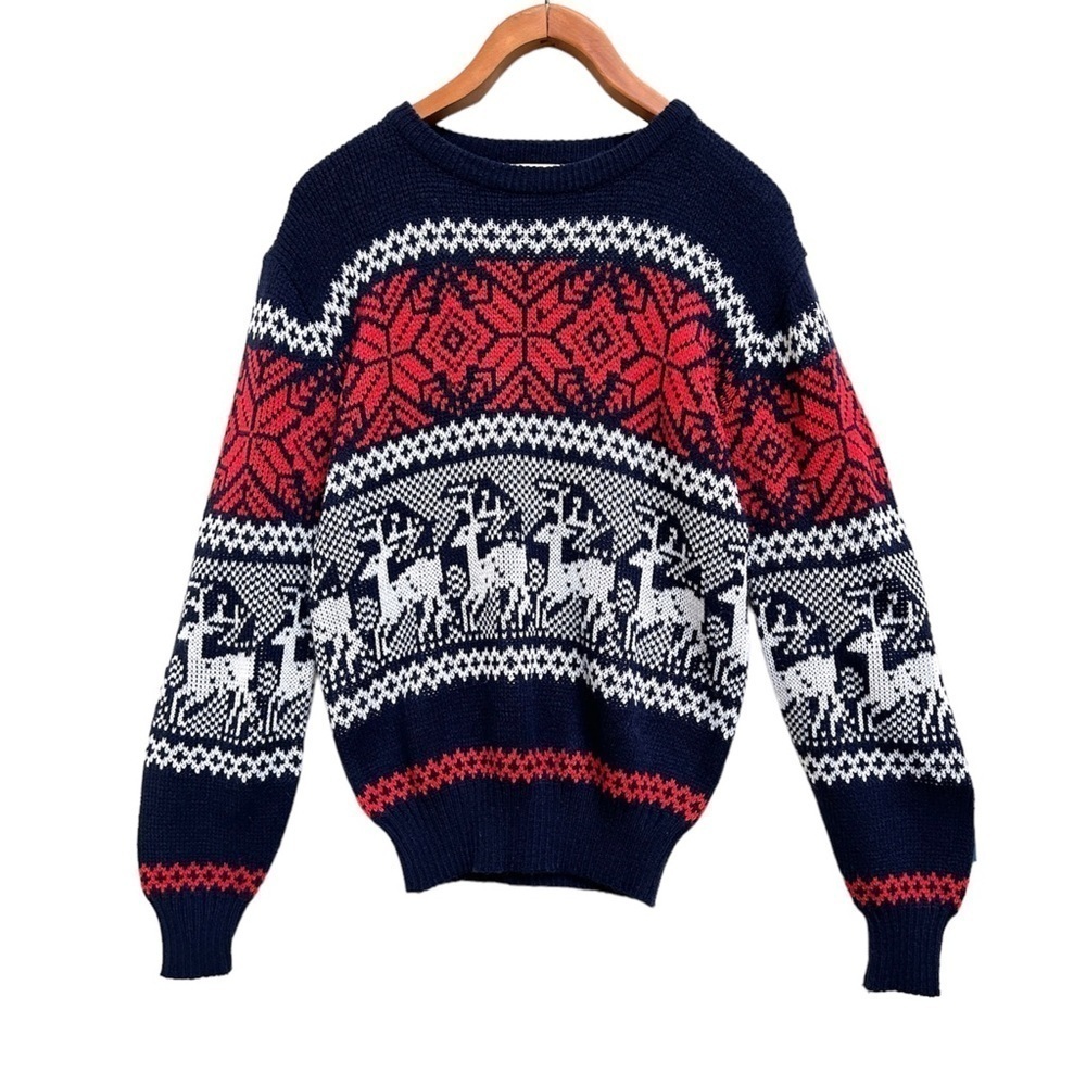 Vintage Fair Isle Nordic Unisex Reindeer Snowflake Christmas Sweater, Size M
